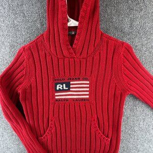 Ralph Lauren Polo Jeans Flag Sweater Women Knit Hooded Pullover Red Small Cotton